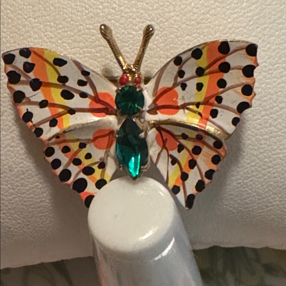 CZECHO SLOVAKIA  gold enamel emerald rhinestone butterfly brooch